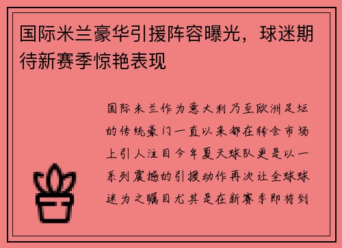 国际米兰豪华引援阵容曝光，球迷期待新赛季惊艳表现